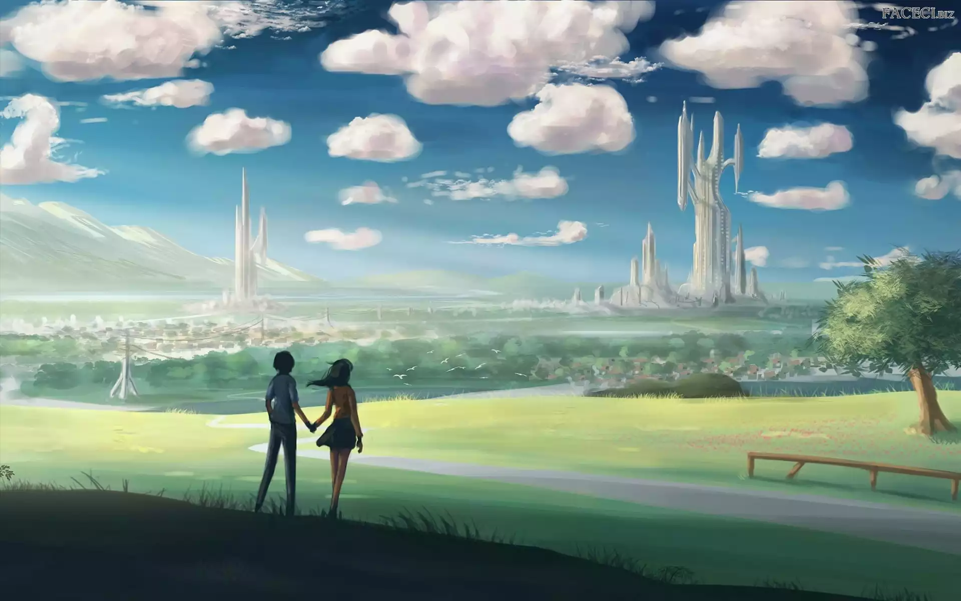 Drzewo, Chmury, Dziewczyna, Chłopak, Zakochani